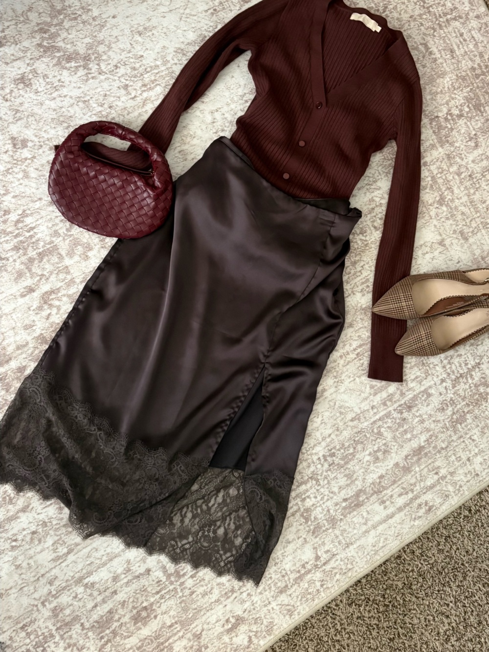 Future collective Satin Lace-Trim Midi Skirt in espresso